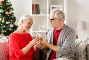 christmas, holidays and people concept - happy smiling senior couple with gift box at home