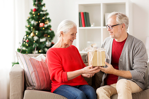 christmas, holidays and people concept - happy smiling senior couple with gift box at home