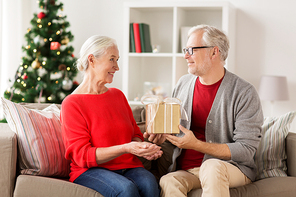 christmas, holidays and people concept - happy smiling senior couple with gift box at home