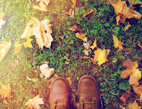 season, footwear and people concept - feet in boots with autumn leaves on grass