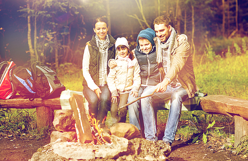 hike, travel, tourism and people concept - happy family sitting on bench at camp fire in woods