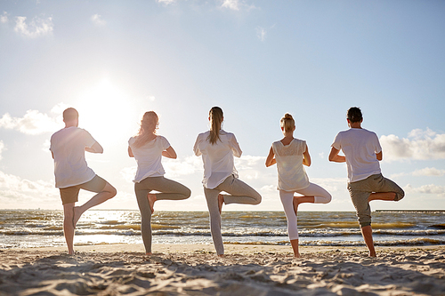 yoga, fitness, sport and healthy lifestyle concept - group of people in tree pose on beach