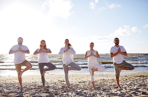 yoga, fitness, sport and healthy lifestyle concept - group of people in tree pose on beach