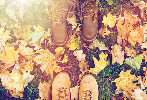 season and people concept - couple of feet in boots with autumn leaves on ground