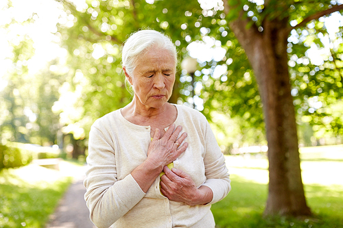 old age, health problem and people concept - senior woman feeling sick at summer park