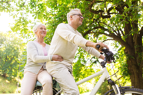 old age, people and lifestyle concept - happy senior couple riding together on bicycle at summer city park