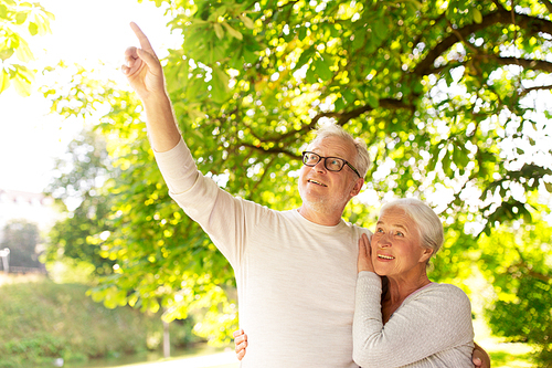 old age, love and people concept - happy senior couple hugging at summer park