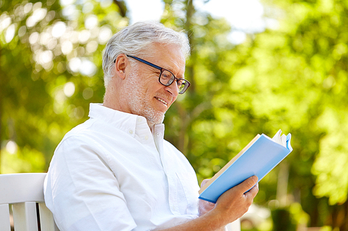 old age, retirement and people concept - happy senior man reading book sitting on bench at summer park