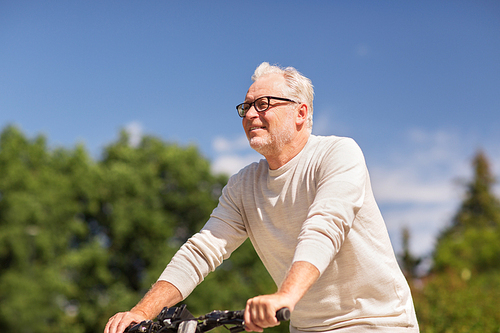 active old age, people and lifestyle concept - happy senior man riding fixie bicycle at summer park