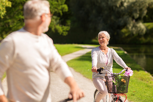 active old age, people and lifestyle concept - happy senior couple riding bicycles at summer park