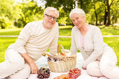 old age, holidays, leisure and people concept - happy senior couple with picnic basket sitting on blanket at summer park