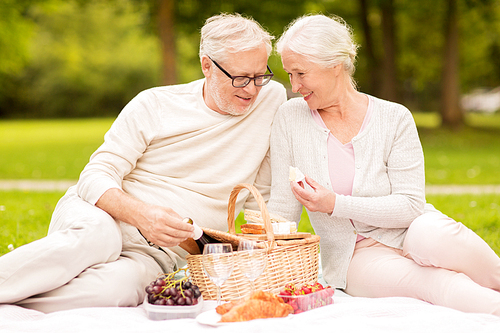 old age, holidays, leisure and people concept - happy senior couple with picnic basket sitting on blanket at summer park