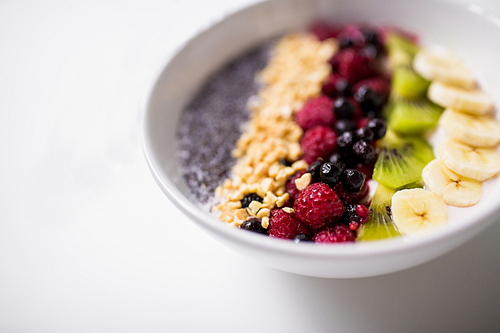 healthy eating, food and diet concept - bowl of yogurt with fruits and seeds