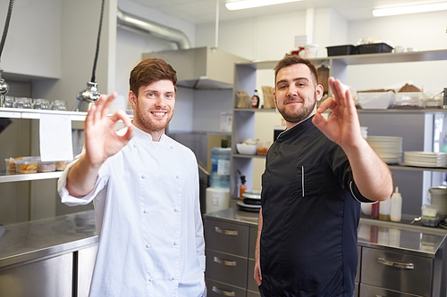 cooking, profession and people concept - happy male chef and cook at restaurant kitchen showing ok hand sign