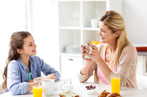 healthy eating, family and people concept - happy mother and daughter having breakfast at home kitchen