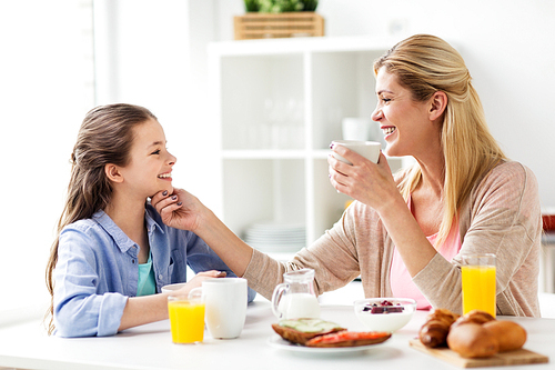 healthy eating, family and people concept - happy mother and daughter having breakfast at home kitchen