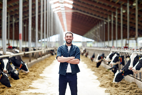 agriculture industry, farming, people and animal husbandry concept - happy smiling young man or farmer with herd of cows in cowshed on dairy farm