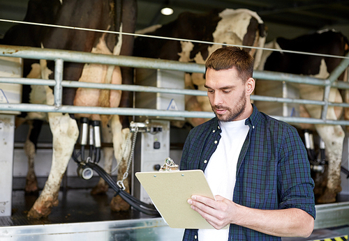 agriculture industry, farming, people, milking and animal husbandry concept - young man or farmer with clipboard and cows at rotary parlour system on dairy farm