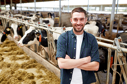 agriculture industry, farming, people and animal husbandry concept - happy smiling young man or farmer with herd of cows in cowshed on dairy farm