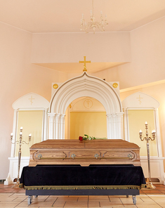 funeral and mourning concept - coffin at christian orthodox church