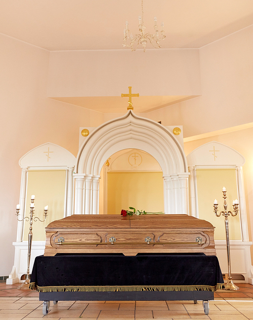 funeral and mourning concept - coffin at christian orthodox church