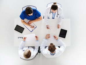 medicine, healthcare and cardiology concept - group of doctors with cardiograms, clipboard and tablet pc computers at hospital