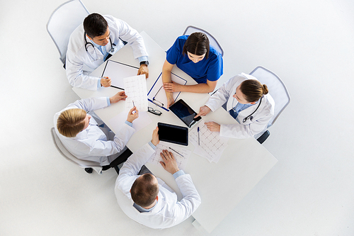 medicine, healthcare and cardiology concept - group of doctors with cardiograms, clipboard and tablet pc computers at hospital