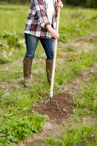 farming, gardening, agriculture and people concept - senior woman with rearer weeding garden bed at farm