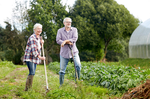 farming, gardening, agriculture and people concept - senior couple with shovels at garden or farm