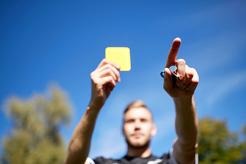 sport, caution, game and people - referee with whistle showing yellow card on football field