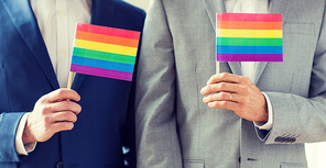 people, homosexuality, same-sex marriage and love concept - close up of happy male gay couple in suits and bow-ties with wedding rings holding rainbow flags