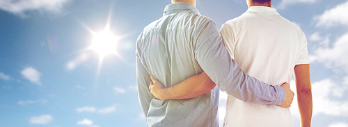 people, homosexuality, same-sex marriage, gay and love concept - close up of happy male gay couple hugging from back over sky and sun background