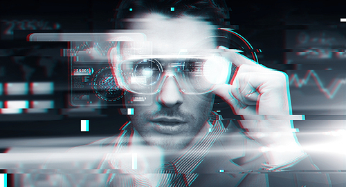 cyberspace, augmented reality, technology and people - man in 3d glasses with virtual screens over glitch effect