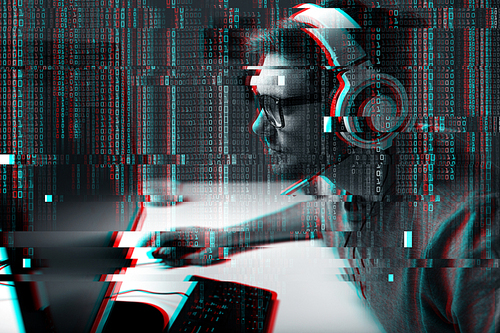 technology, gaming, entertainment and people concept - young man in headset and glasses with pc computer playing game at home and streaming playthrough or walkthrough video over glitch effect