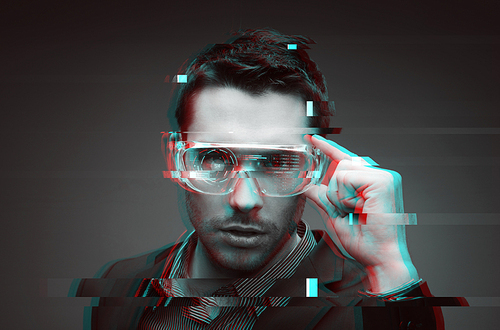 cyberspace, augmented reality, big data, technology and people - man in 3d glasses with virtual glitch effect