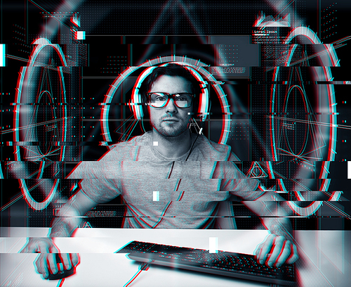 technology, cyberspace, programming and people concept - hacker man in headset and eyeglasses with pc computer keyboard over virtual projections over glitch effect