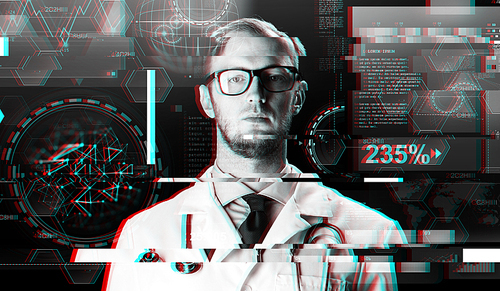 science, technology, people and medicine concept - close up of male doctor in white coat with stethoscope and virtual screens over glitch effect