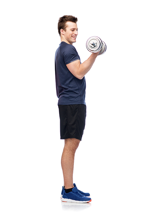 sport, fitness, exercising, healthy lifestyle and people concept - happy sportive man with dumbbell flexing muscles