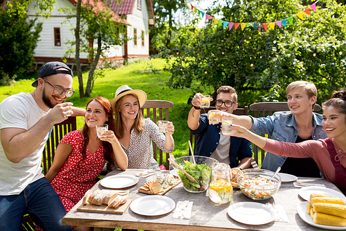 summer, holidays, celebration people and food concept - happy friends having garden party and clinking glasses