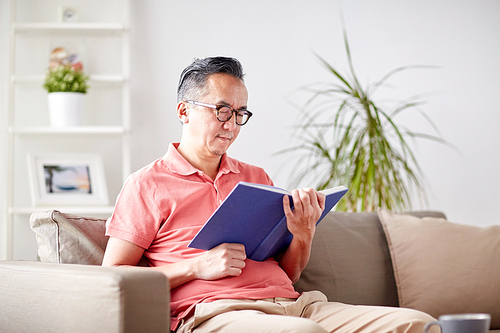leisure, literature and people concept - man sitting on sofa and reading book at home