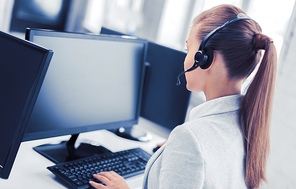 business, office, school and education concept - female helpline operator with headphones