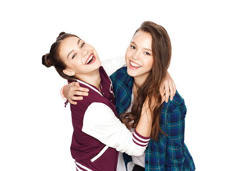 people, friends, teens and friendship concept - happy smiling pretty teenage girls hugging