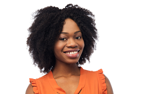 people, race, ethnicity and portrait concept - happy african american young woman over white