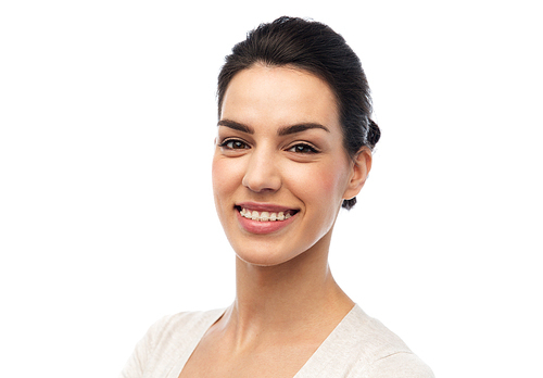 fashion, portrait and people concept - happy smiling young woman with braces