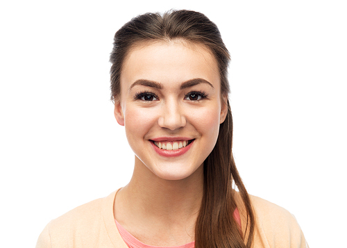 fashion, portrait and people concept - face of happy smiling young woman