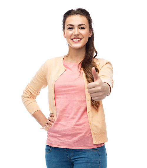 gesture, fashion, portrait and people concept - happy smiling young woman in cardigan showing thumbs up over white