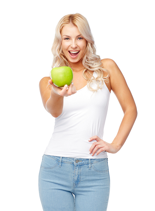 healthy eating, diet and people concept - happy beautiful young woman with green apple