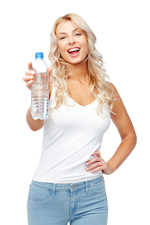 healthy eating, diet and people concept - happy beautiful young woman holding bottle of water