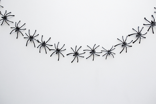 halloween, decoration and scary concept - black toy spiders chain over white background