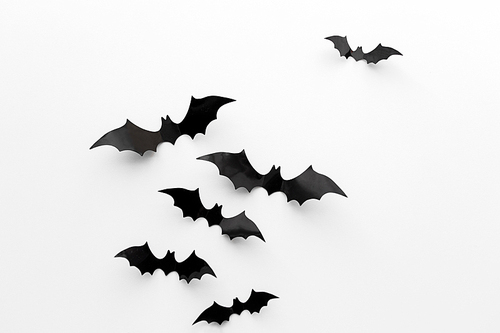 halloween and decoration concept - black paper bats flying over white background